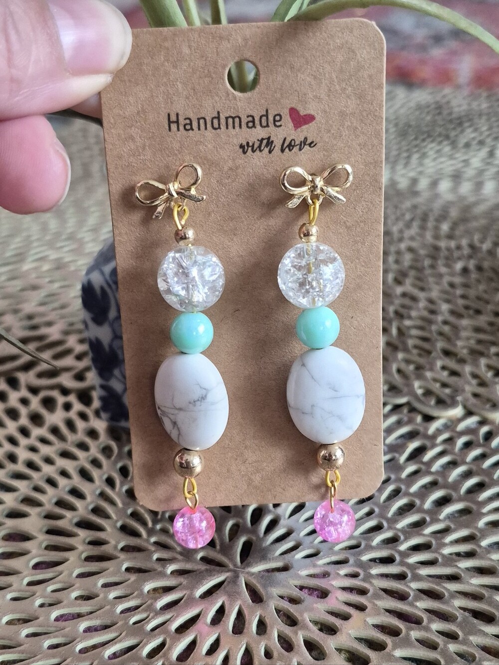 Handmade Bow Drop Earrings with Turquoise, White Howlite & Pink Crystal